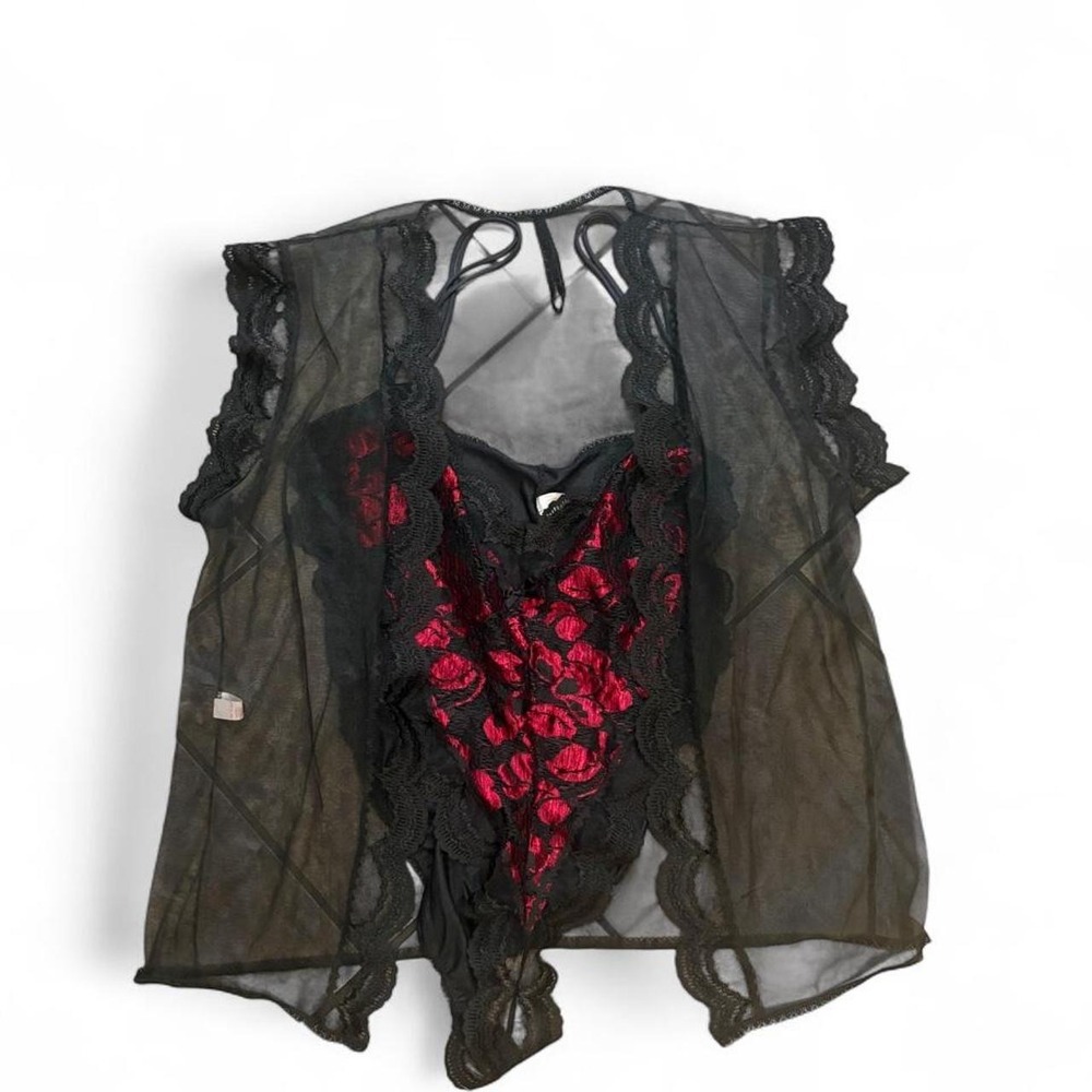 Vintage Black Red Rose Lace Teddy & Sheer Robe Lingerie Set Large